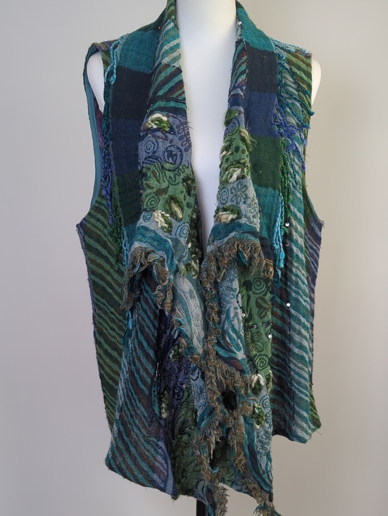 Anu By Natural Jackets & Blazers - Anu by Natural 100% Wool Paisley Patchwork Beaded Boho Draped Vest Green Blue XL